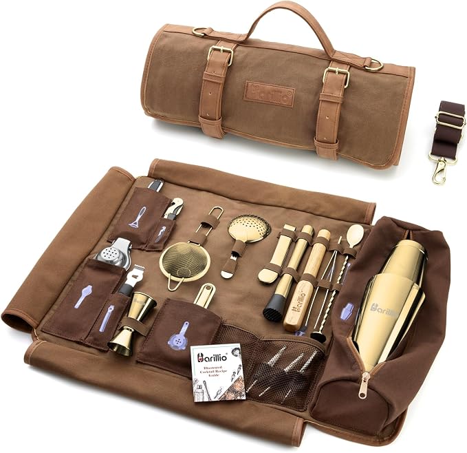 Barillio Bartender Kit Bag with Cocktail Shaker Set - Waxed Canvas, Traveling Bar Tools Bag with 17-Pc Cocktail Kit - Travel Mixology Bartending Kits - Mobile Bar Roll with Strap & Accessories - B0C5QXQNJG
