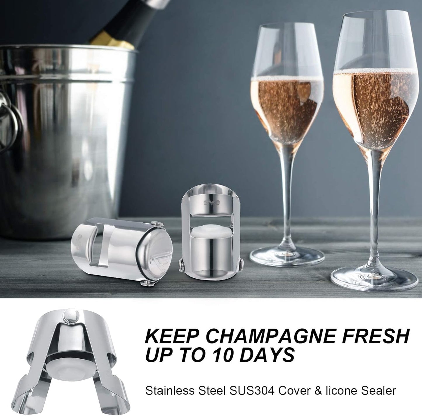OWO Champagne Bottle Stoppers Stainless Steel, Reusable Champagne Cork & Saver Stopper, Leak Proof Prosecco & Sparkling Wine Plug, Bubble Retention Protection（Silver, 2 Pack）