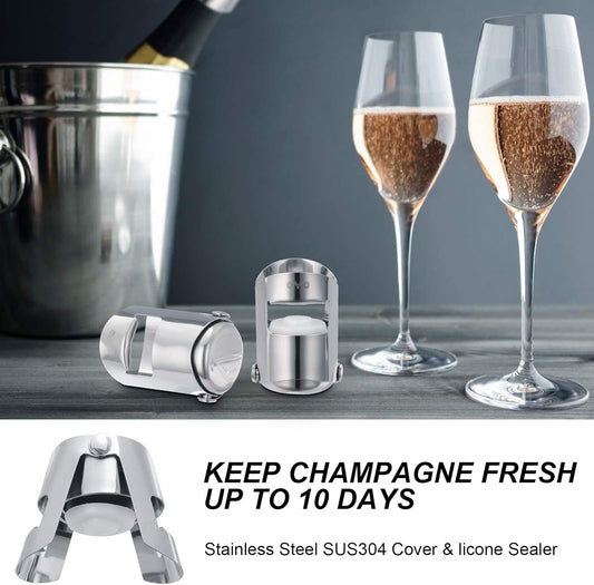 OWO Champagne Bottle Stoppers Stainless Steel, Reusable Champagne Cork & Saver Stopper, Leak Proof Prosecco & Sparkling Wine Plug, Bubble Retention Protection（Silver, 2 Pack）