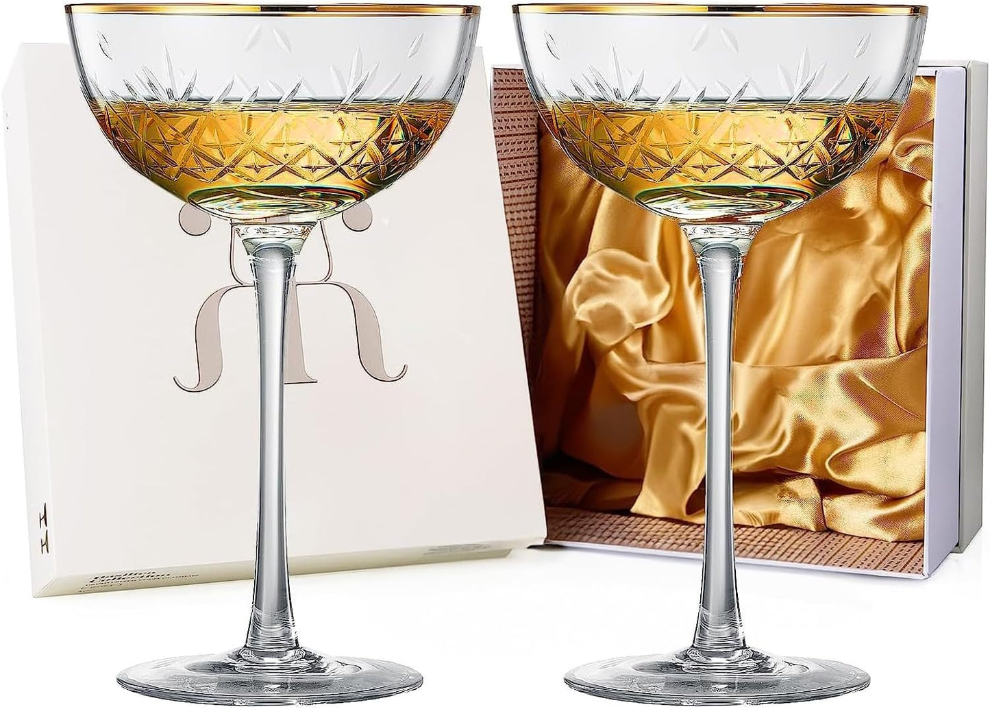 Vintage Art Deco Luxury Coupe Glasses, Cocktails, Martini, Margarita, In Premium Gift Box 24K Gold Rim | Set of 2 | 8 oz Classic Cocktail Glassware - Champagne, Manhattan, Cosmopolitan Crystal Goble