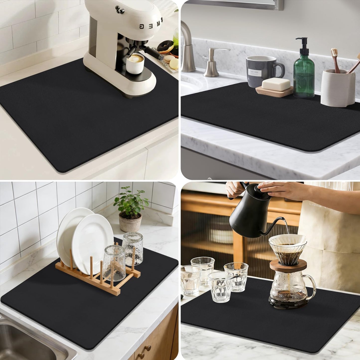 Coffee Mat,Absorbent Dish Drying Mat for Kitchen Counter,Coffee Bar Mat,Non-Slip Rubber Backed,Hide Stains & Quick Dry,for Espresso Machine,Coffee Station,Cups & Sink,17" x 32"(Black)