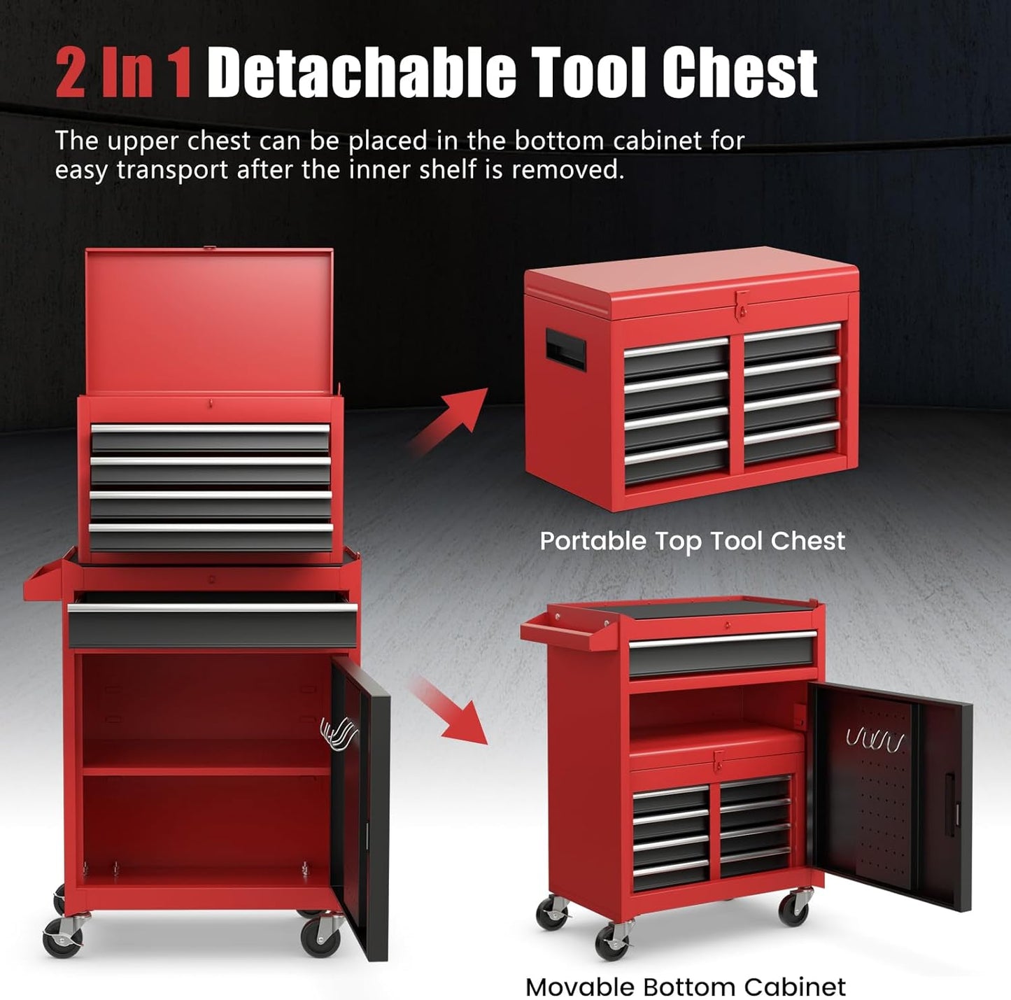 Goplus Tool Chest, 5 Drawers Rolling Tool Cabinet with Detachable Top Toolbox, Universal Lockable Wheels, Lock Bar, Protective Liner & Tool Rack, Metal Tool Storage Cart, Tool Box for Garage Workshop