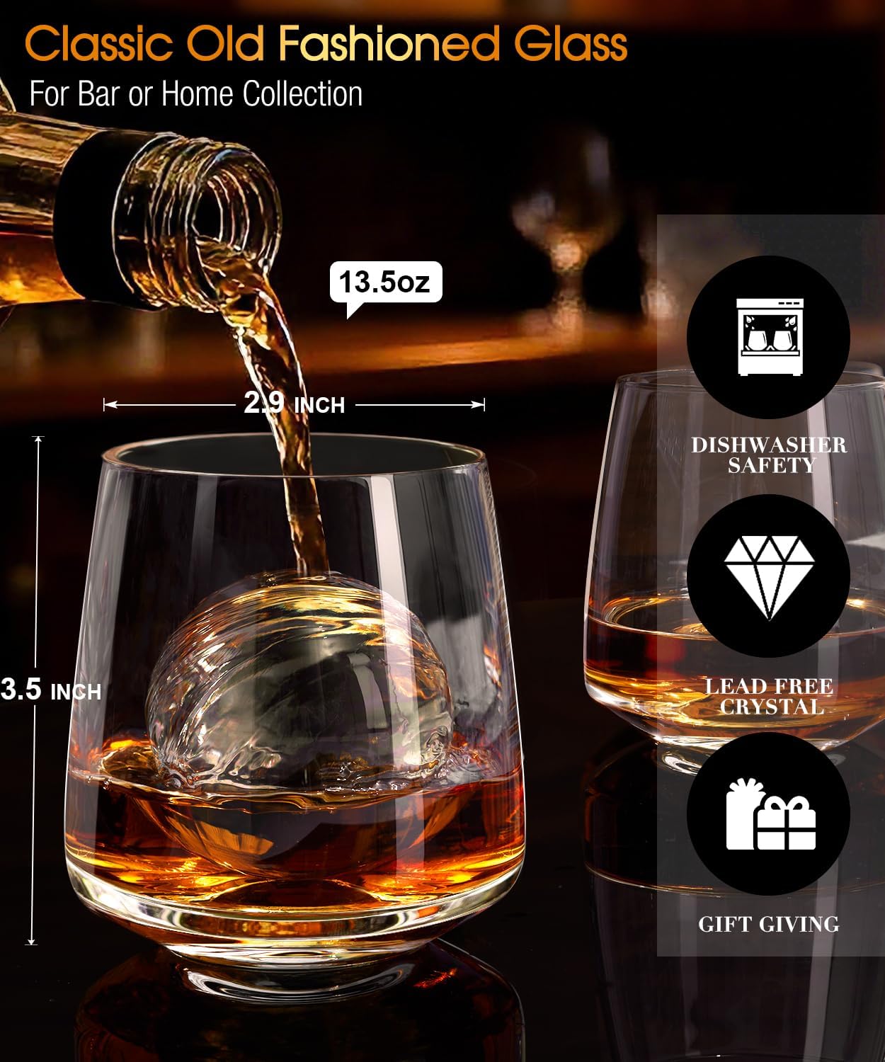 Whiskey Glasses Set of 4,13.5 Oz Crystal Old Fashioned Rocks Glasses for Bourbon Scotch Cocktails Drink Rum Cognac Vodka Liquor -Unique Gifts for Men,