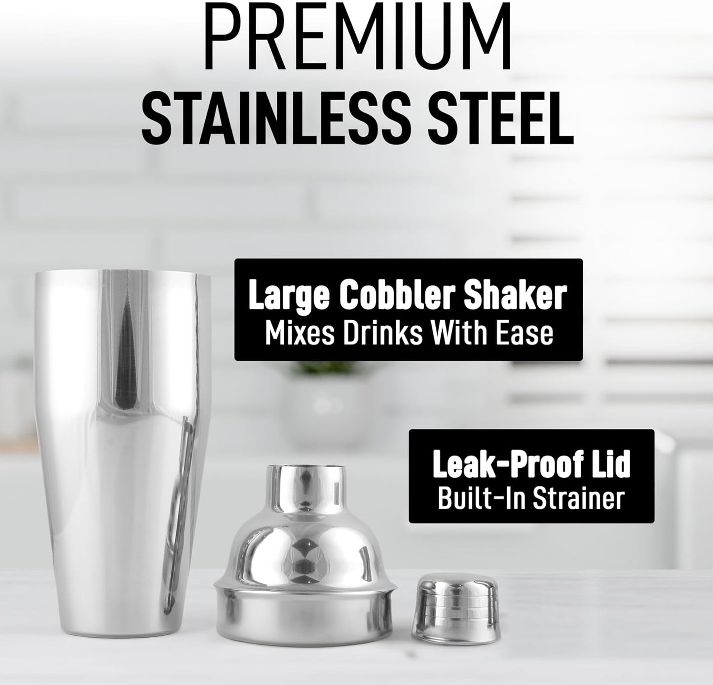 Zulay Cocktail Shaker (24oz) 18/8 Stainless Steel Martini Shaker with Built-in Strainer - Professional Grade Drink Shaker and Strainer for Bartending & Homebars (Silver)