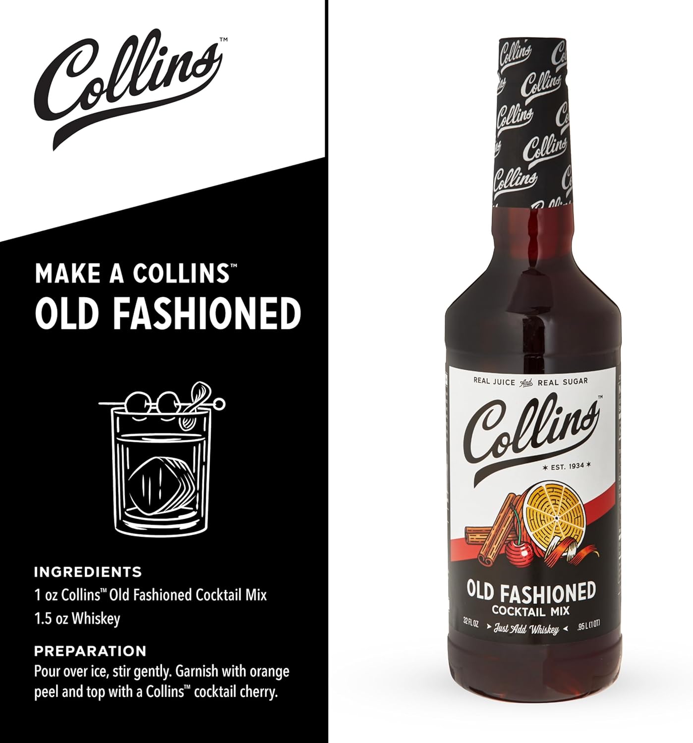Collins Old Fashioned Kit, Cocktail Gift Set with Old Fashioned Mix, Bourbon Cherries, Candied Orange Garnish & Picks, Mixology Gift Set of 4 for Party Drinks, Holiday Celebrations and Christmas Gifts