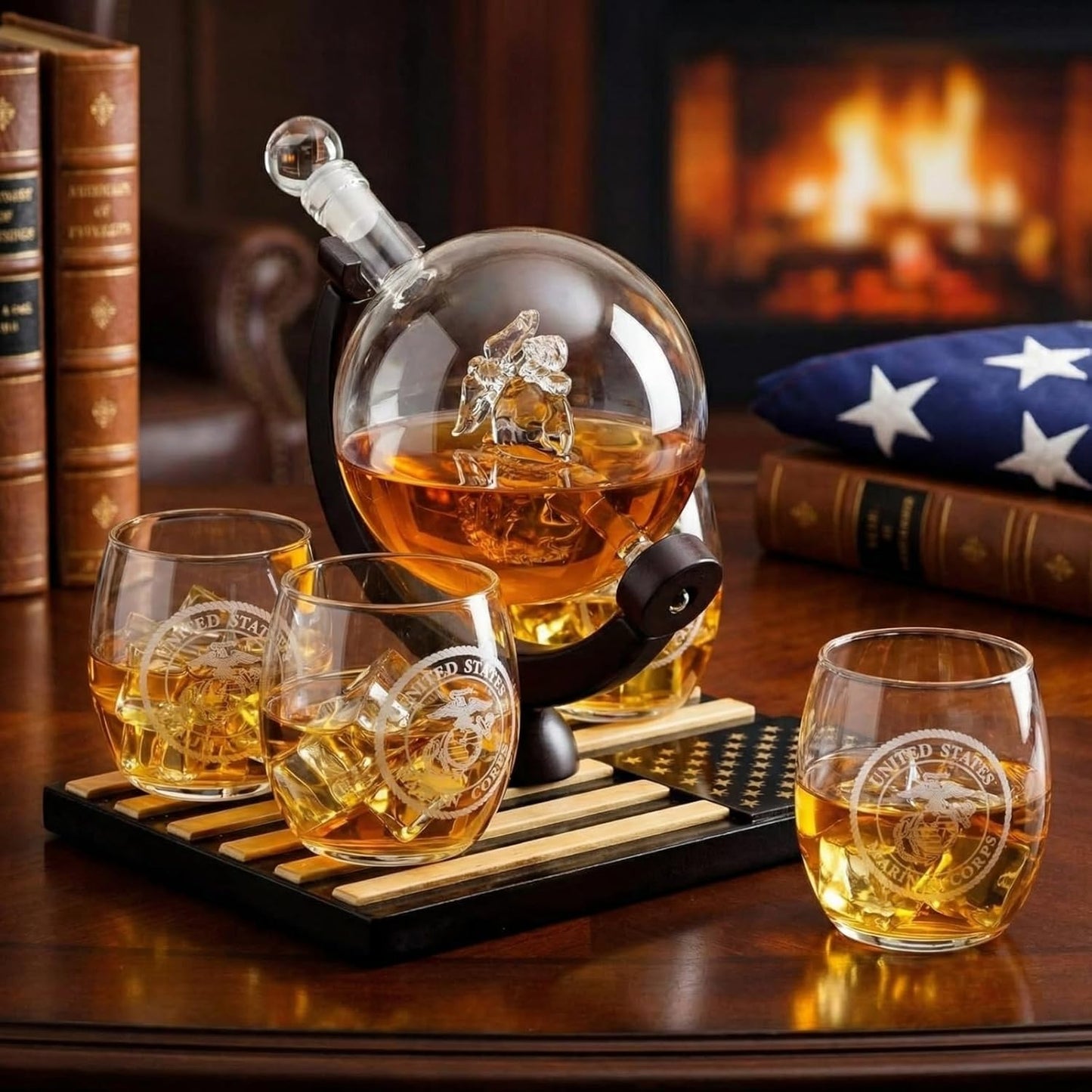U.S. Marine Globe Whiskey Decanter Set with 4 Liquor Glasses - Wood Flag Base Marine Veteran Gift Set - Navy Gifts Men, Dad, U.S.A Flag - Bourbon & Scotch Military Gift for Father