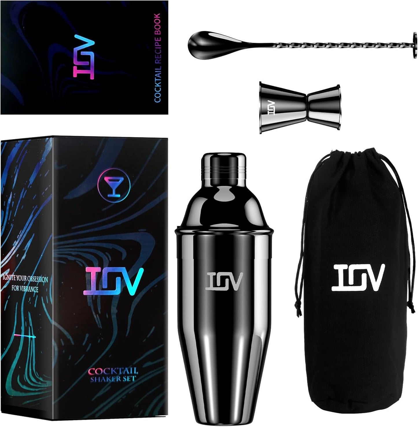 IOV Cocktail Shaker Bar Set, 24oz Martini Shaker with Built-in Strainer, Bar Tool Kit with Recipes Booklet, Professional Stainless Steel Large Bartender Drink Shaker Margarita Alcohol Mixer-Black