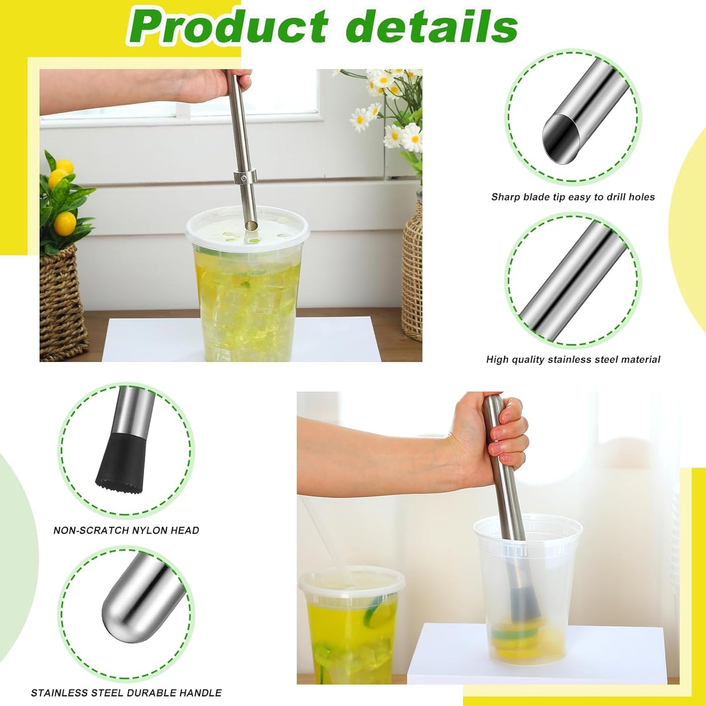 2 Pcs Straw Puncher and Muddler for Lemonade Plastic Lids Cups, Straw Hole Puncher, 304 Stainless Steel Muddler, Fresh Squeezed Lemonade Stand Supplies