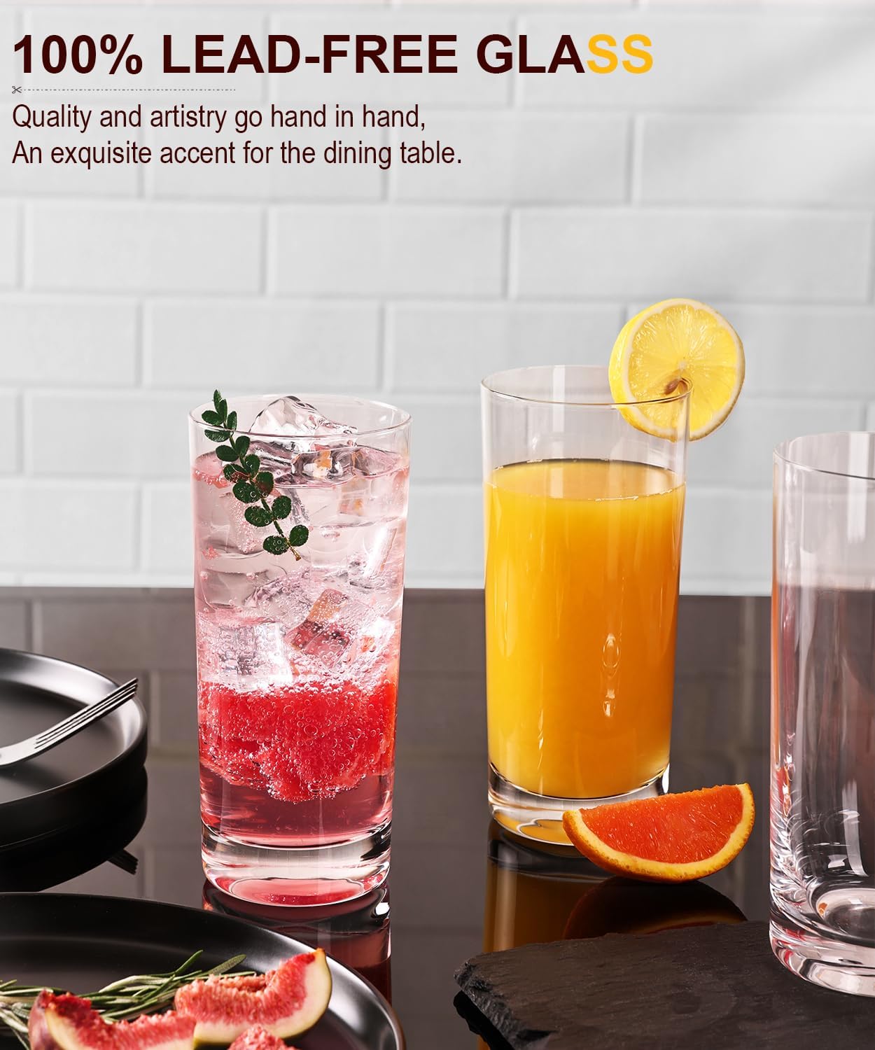 LUNA & MANTHA Drinking Water Glasses Set, Lead-Free Crystal Highball Glass, Tall Glass Cups for Cocktail Parties,Clear set of 6,16oz