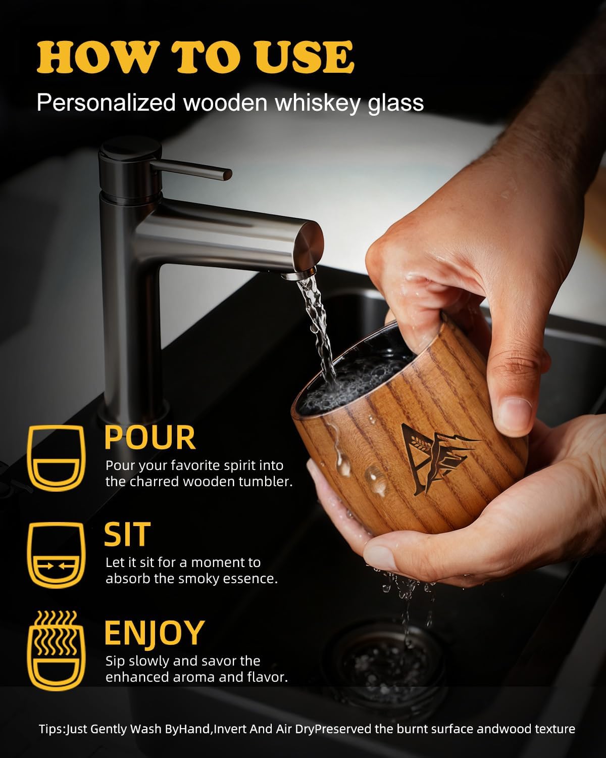 Charred Wooden Whiskey Glasses Personalized Bourbon Drinking Glass Ideas Gifts for Men Husband, Dad, Brother, Whiskey Lovers Birthday Insulated Old Fashioned Glass Whiskey Tumbler A