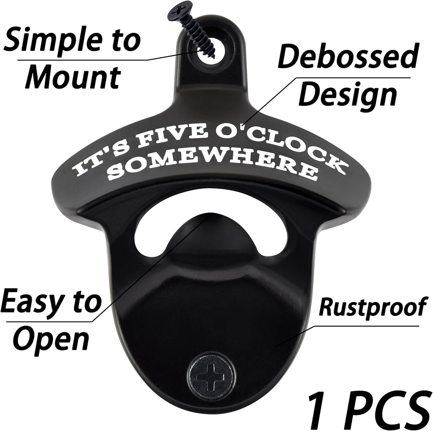 Rustproof Wall Mounted Bottle Opener Black with White, Stainless It's Five O'Clock Somewhere Beer Bottle Cap Opener Cooler Mounted for Party Kitchen