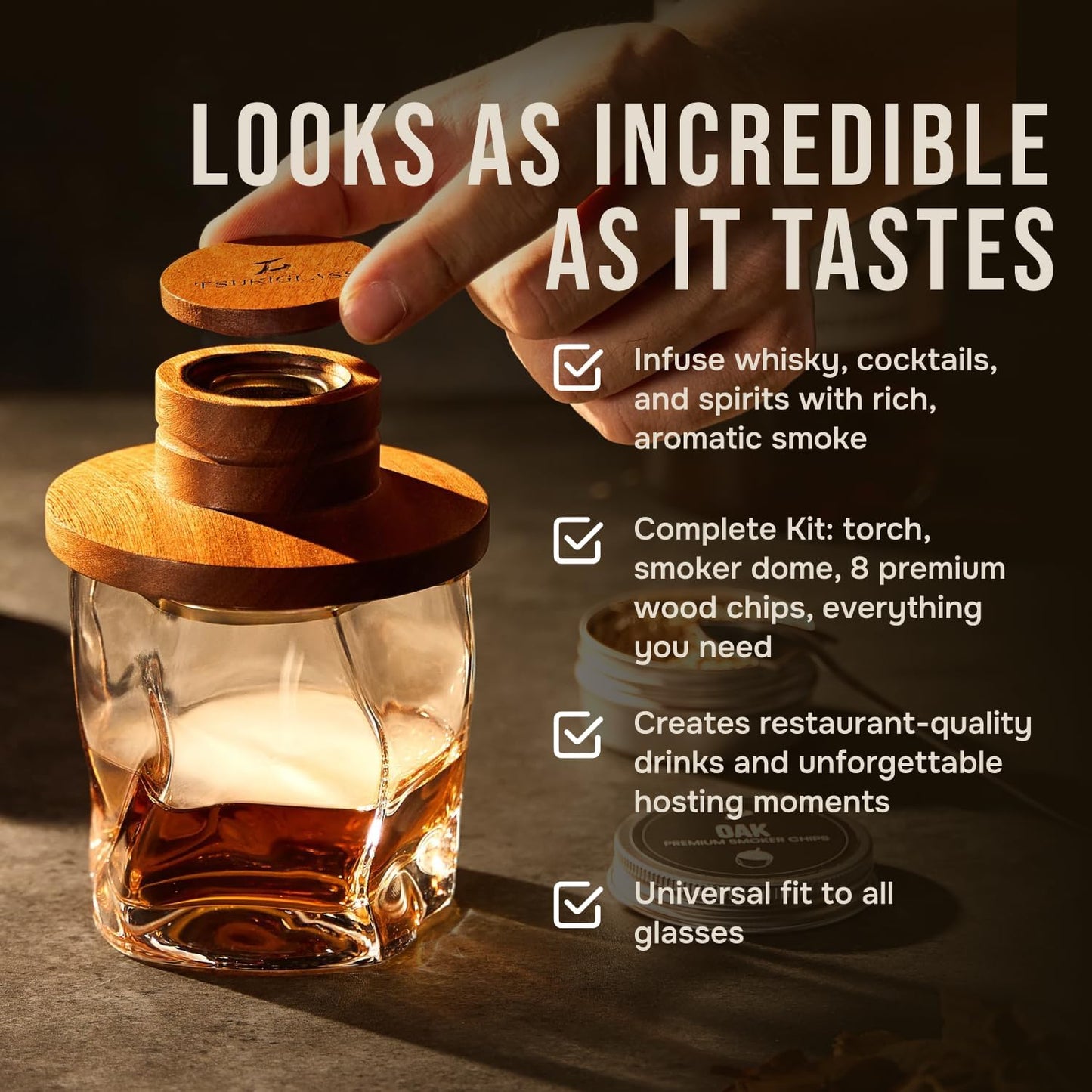 TSUKIGLASS® Premium Japanese Whisky Smoker Kit with Torch - 8 Wood Chip Flavors (200+ Drinks), Sapele Wood Top, Cocktail Infuser for Old Fashioned & Bourbon, Luxury Gift for Men, Dad (No Butane)