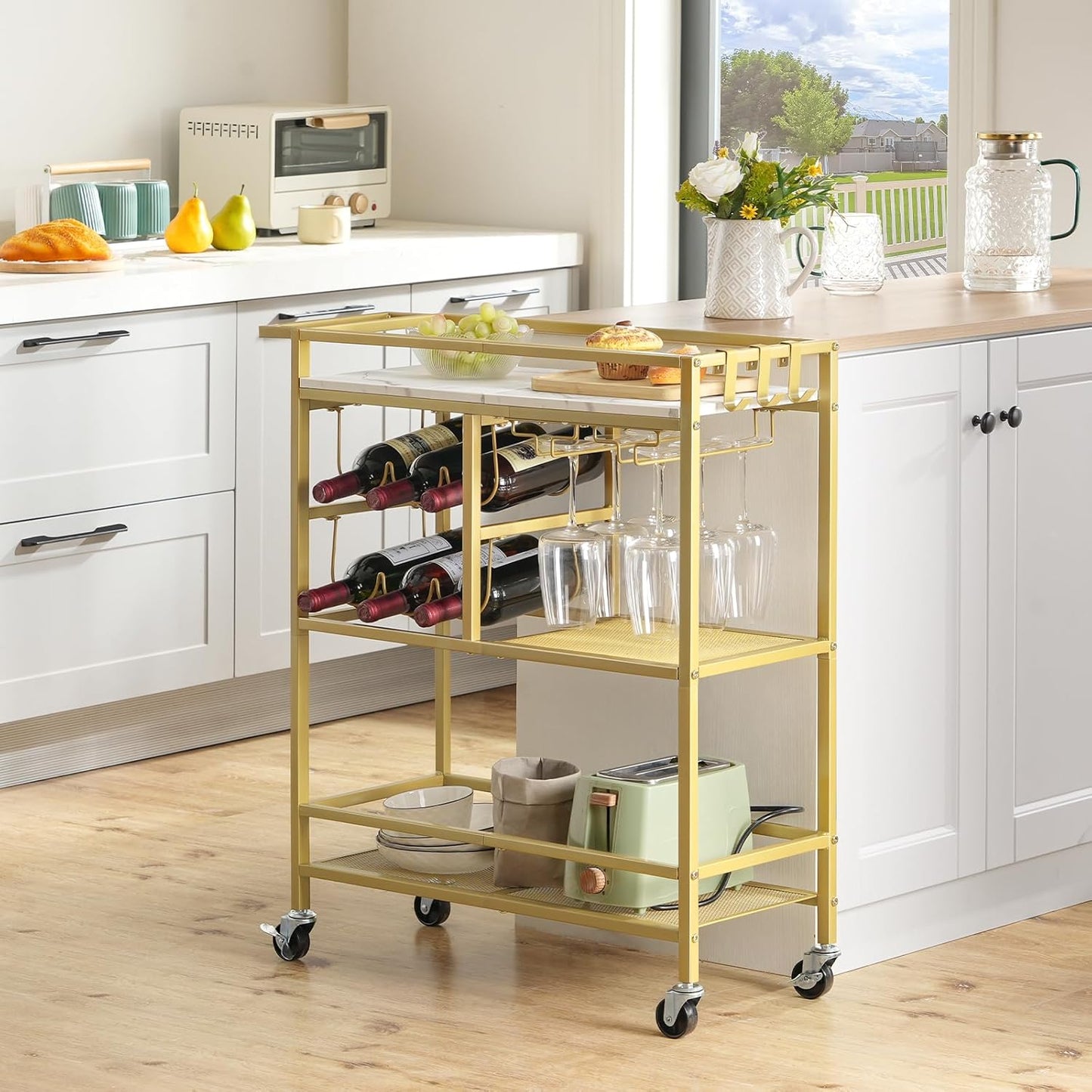 MAHANCRIS Bar Cart for Home, 3-Tier Serving Cart with Wheels and Handle, Beverage Cart with Wine Rack and Glass Holders, Rolling Wine Cart for Kitchen, Dining Room, Gold and White RCJM6101