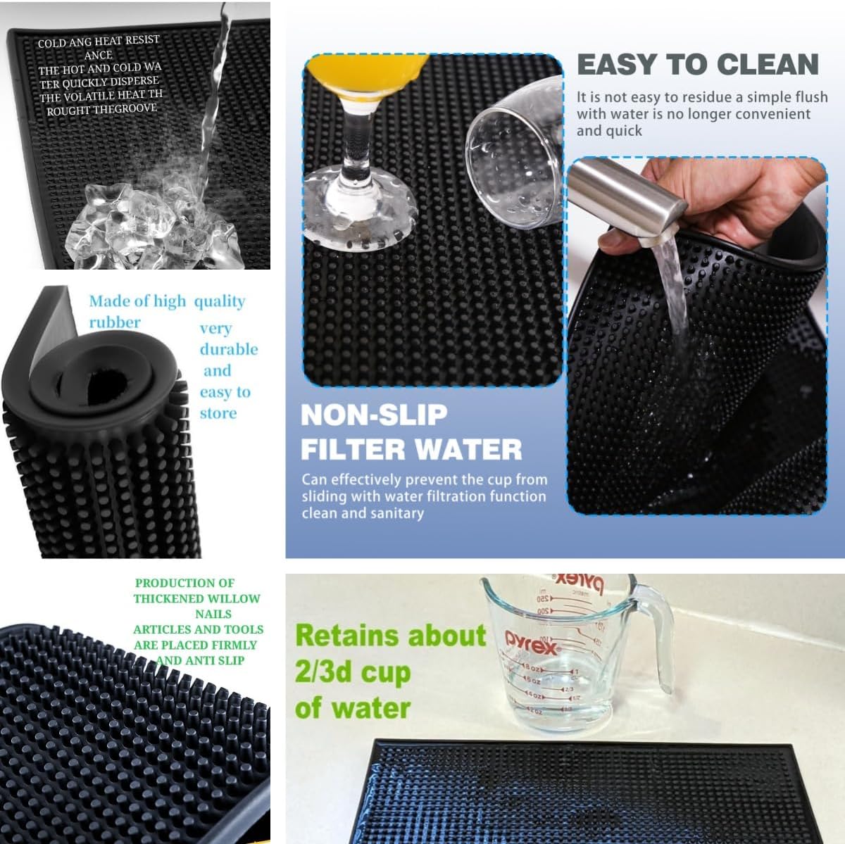 Bar Mat 4Pack IMIYOKU 0.3" Thick Durable Bar Mat for Spills Service Mat for Coffee Bars Restaurants and Counter Top Dish Drying Mat Glass Drying Mat (Black 1PC/18" x 12" +1PCS/23" x 3" +2PC/12" x 6")