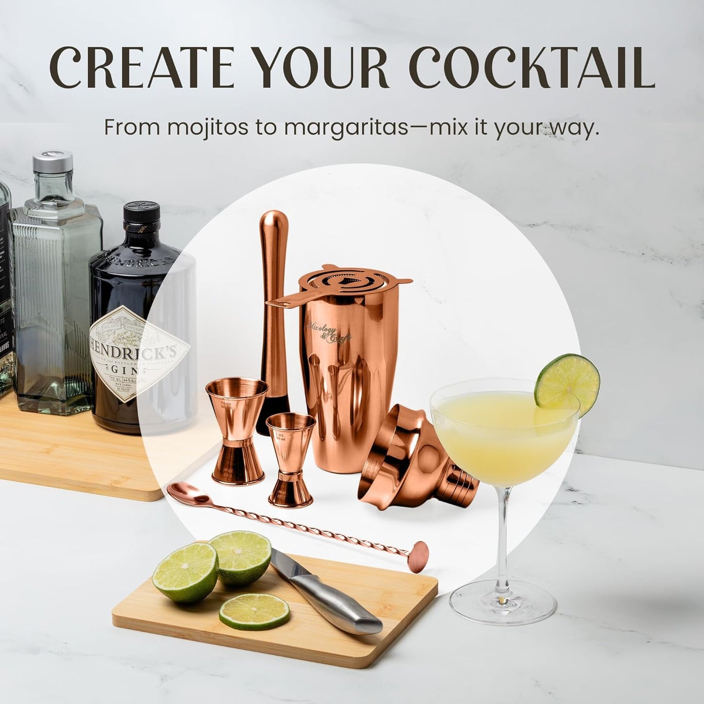 Mixology & Craft Rustic Cocktail Shaker Set – Includes Wood Stand, Complete Barware Kit with 24 Oz Shaker, Dual Jiggers, Pourers, Muddler, Strainer – Perfect for Home Bartenders (Copper)