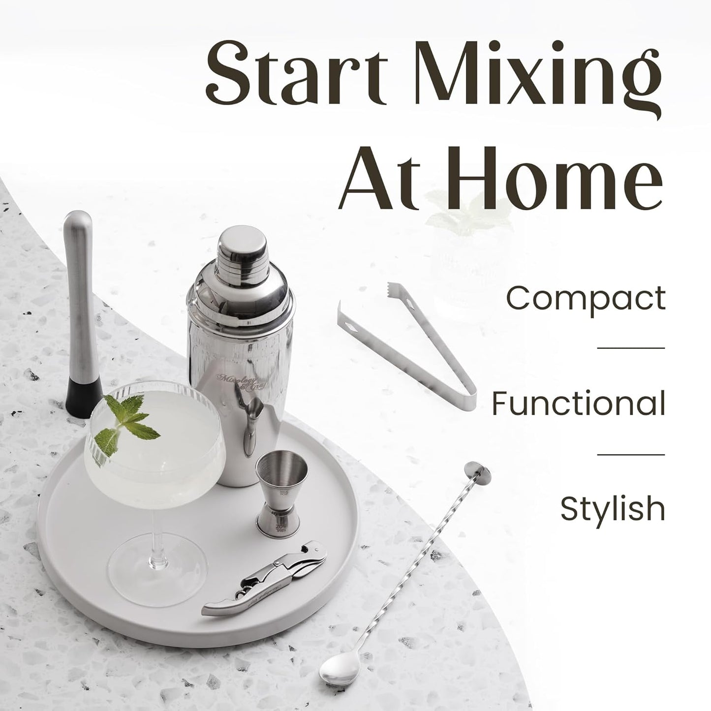 Mixology & Craft 9-Piece Cocktail Shaker Set with Sleek Metal Stand - 24oz Stainless Steel Bartender Kit - Professional Bar Tools: Built-in Strainer, Jigger, Muddler, Tongs, Spoon & Recipe Cards