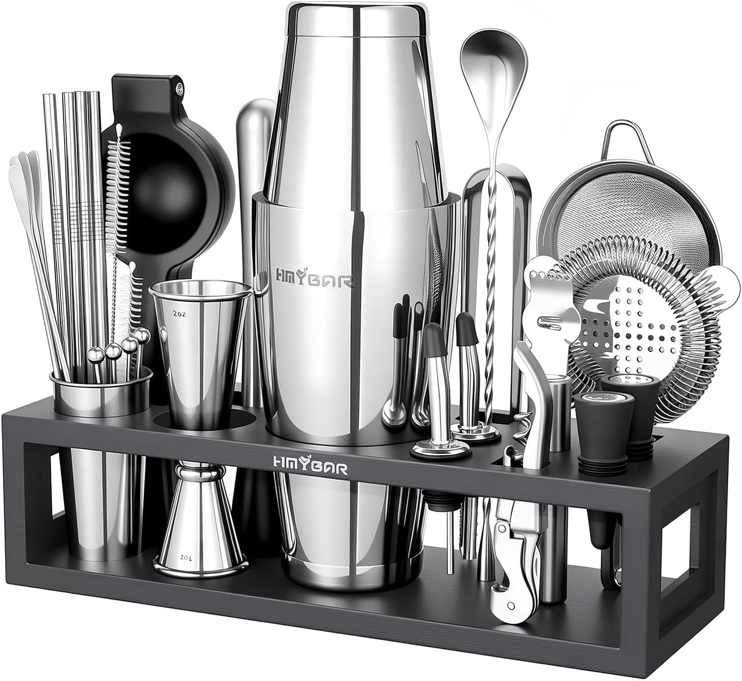 HMYBAR® Bartender Kit with Black Bamboo Stand, 31-Piece Cocktail Shaker Set, 20/28 oz Boston Shaker Set for Home Bar, Mixology Bar Tool Set with 39 Recipe Cards