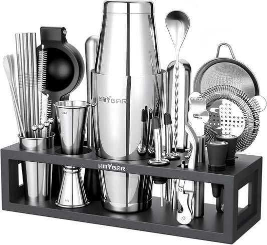 HMYBAR® Bartender Kit with Black Bamboo Stand, 31-Piece Cocktail Shaker Set, 20/28 oz Boston Shaker Set for Home Bar, Mixology Bar Tool Set with 39 Recipe Cards