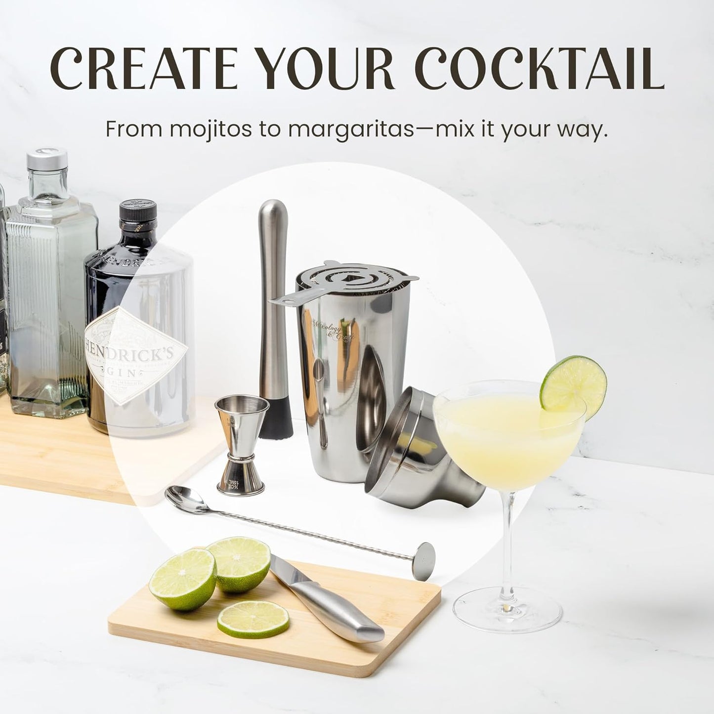 Mixology & Craft Cocktail Shaker Set with Bamboo Stand - Professional 18oz 10-Piece Bartender Kit, Complete Bar Set for Home Use with Jigger, Muddler, Strainer, Spoon, Pourers & Corkscrew (Silver)