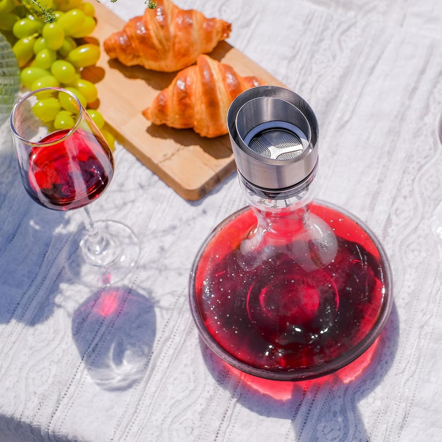 Wlasss Hand Blown Wine Decanter with Aerator, 1300ml/44oz Red Wine Decanter, Crystal Wine Carafe with Stainless Steel Pour Lid and Filter, Elegant Design Easy Pour, Wine Aerator Wine Gifts