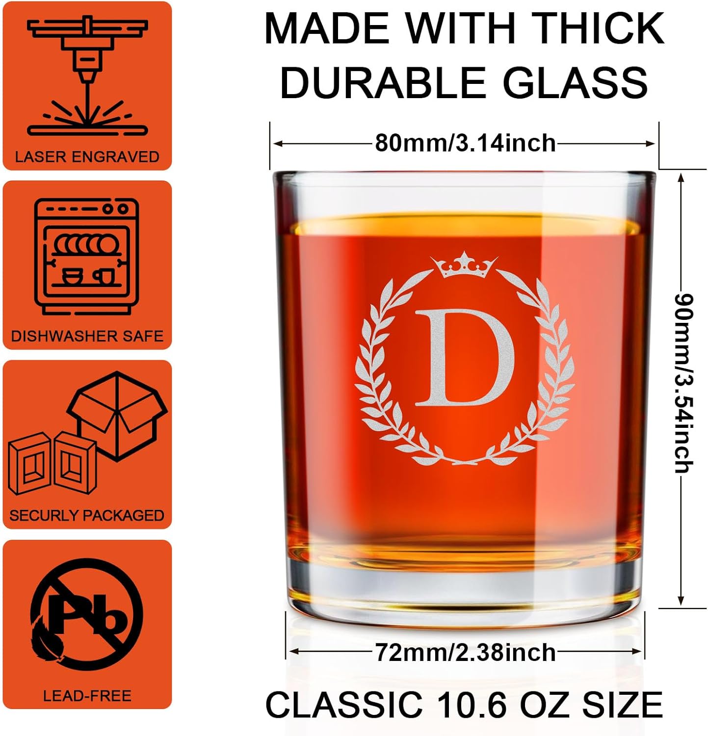 Astonlink Personalized Whiskey Glasses Gifts for Men, Monogrammed Engraved A-Z 10.6 oz Rocks Glass Customized Gift, Unique Fathers Day Birthday Gifts for Men Him Dad Husband Brother Son (D)