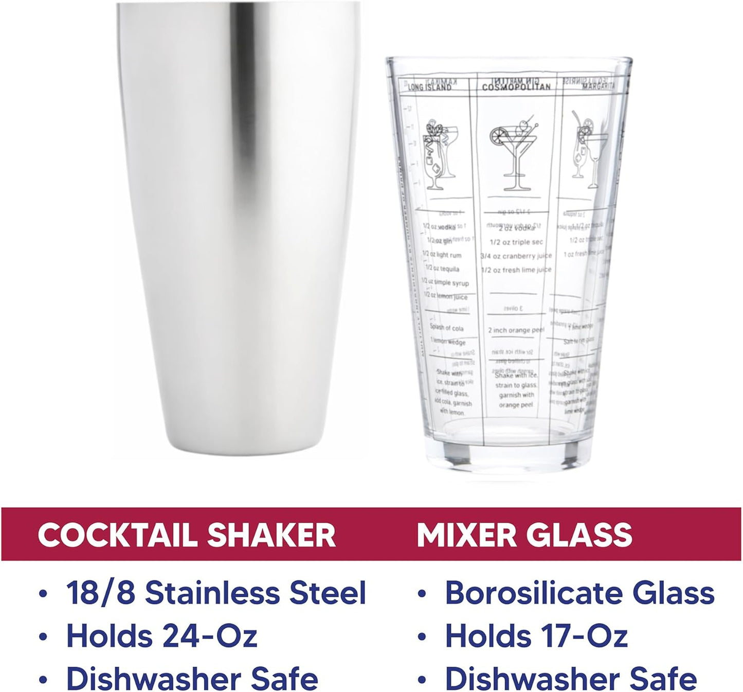 HIC Kitchen Bar Boston Cocktail Shaker and Mixer Glass Set with 7 Printed Recipes, 18/8 Stainless Steel and Borosilicate Glass