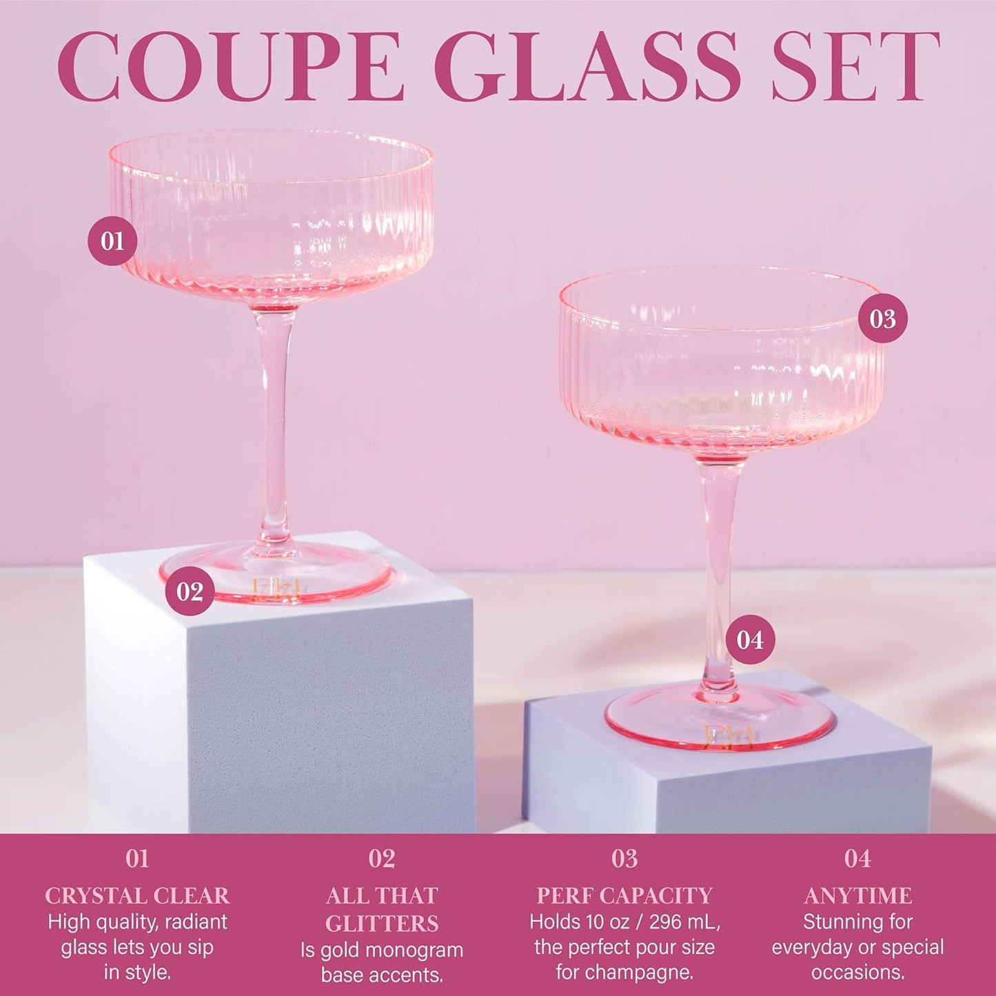 Paris Hilton Ribbed Coupe Cocktail Glass Set, Elegant Fluted Glassware, Perfect for Champagne, Martinis, Wine and More, Set of 2, 10-Ounce, Pink
