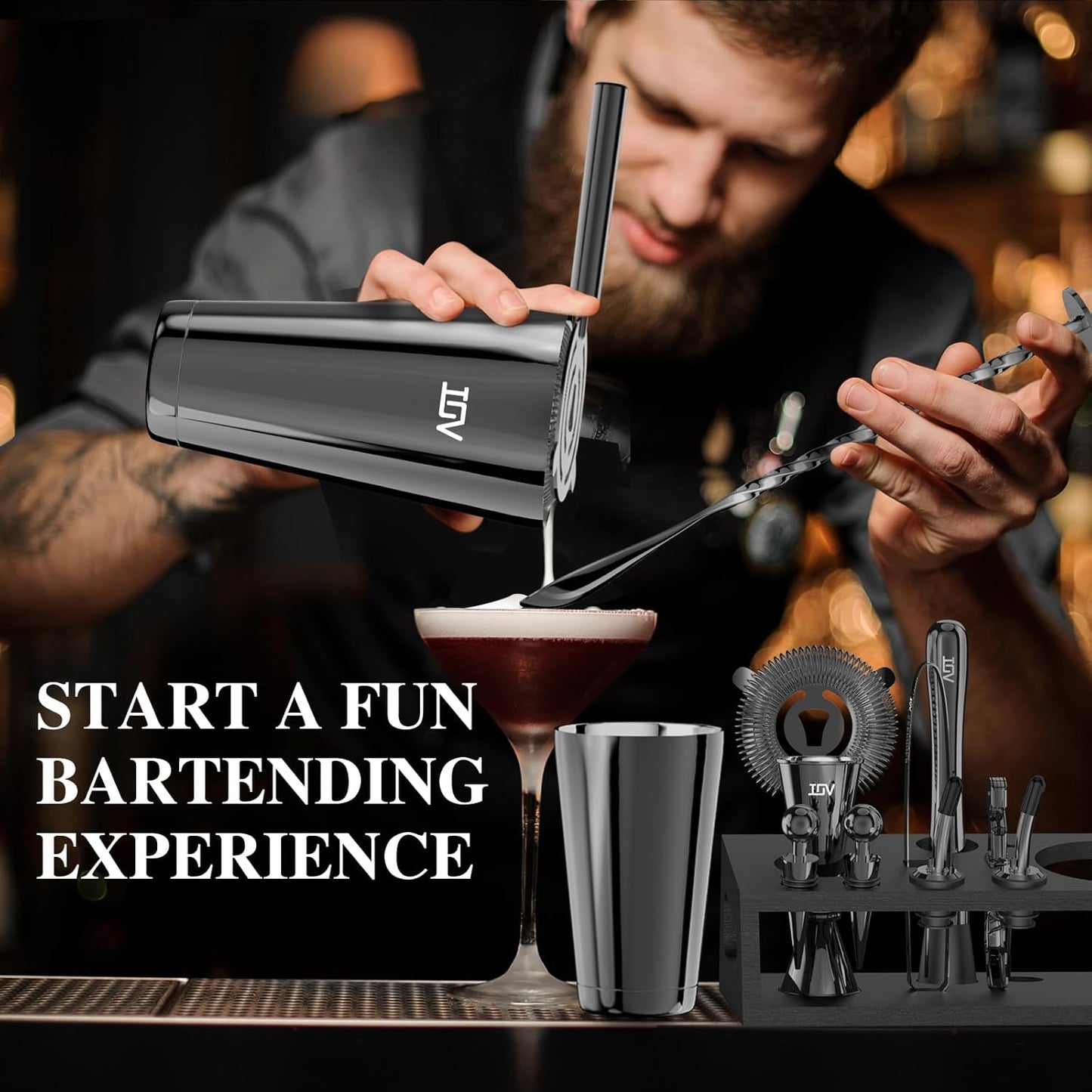 IOV Cocktail Shaker Set: 12-Piece Mixology Bartender Kit Bar Set | 18oz & 28oz Boston Shaker Drink Mixing Tools for Home with Recipe Booklet and Stand | Fun Housewarming Gift (Black)