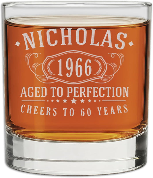 Personalized Vintage 60th Etched Whiskey Glass - Custom 1966 60th Birthday Gifts for Men - Cheers to 60 Years old - 60 Birthday for Men - Scotch Bourbon Dad Women Retirement 1.0