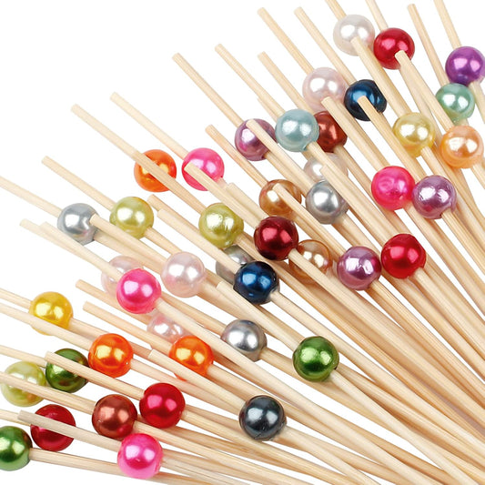 Cocktail Picks - 100 Count Fancy Toothpicks for Appetizers, Long Decorative Bamboo Skewers, 4.7" Wooden Sticks Martini Garnish for Holiday Party, Charcuterie Board Accessories
