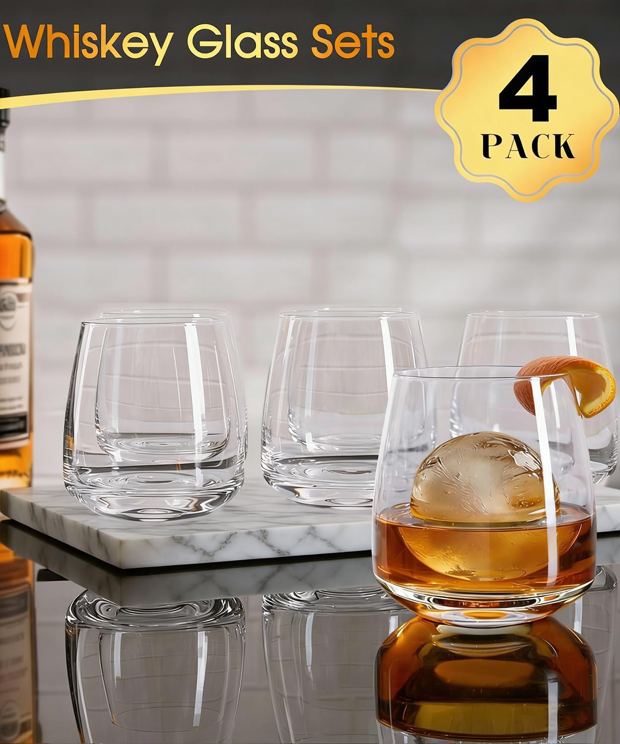 Whiskey Glasses Set of 4,13.5 Oz Crystal Old Fashioned Rocks Glasses for Bourbon Scotch Cocktails Drink Rum Cognac Vodka Liquor -Unique Gifts for Men,