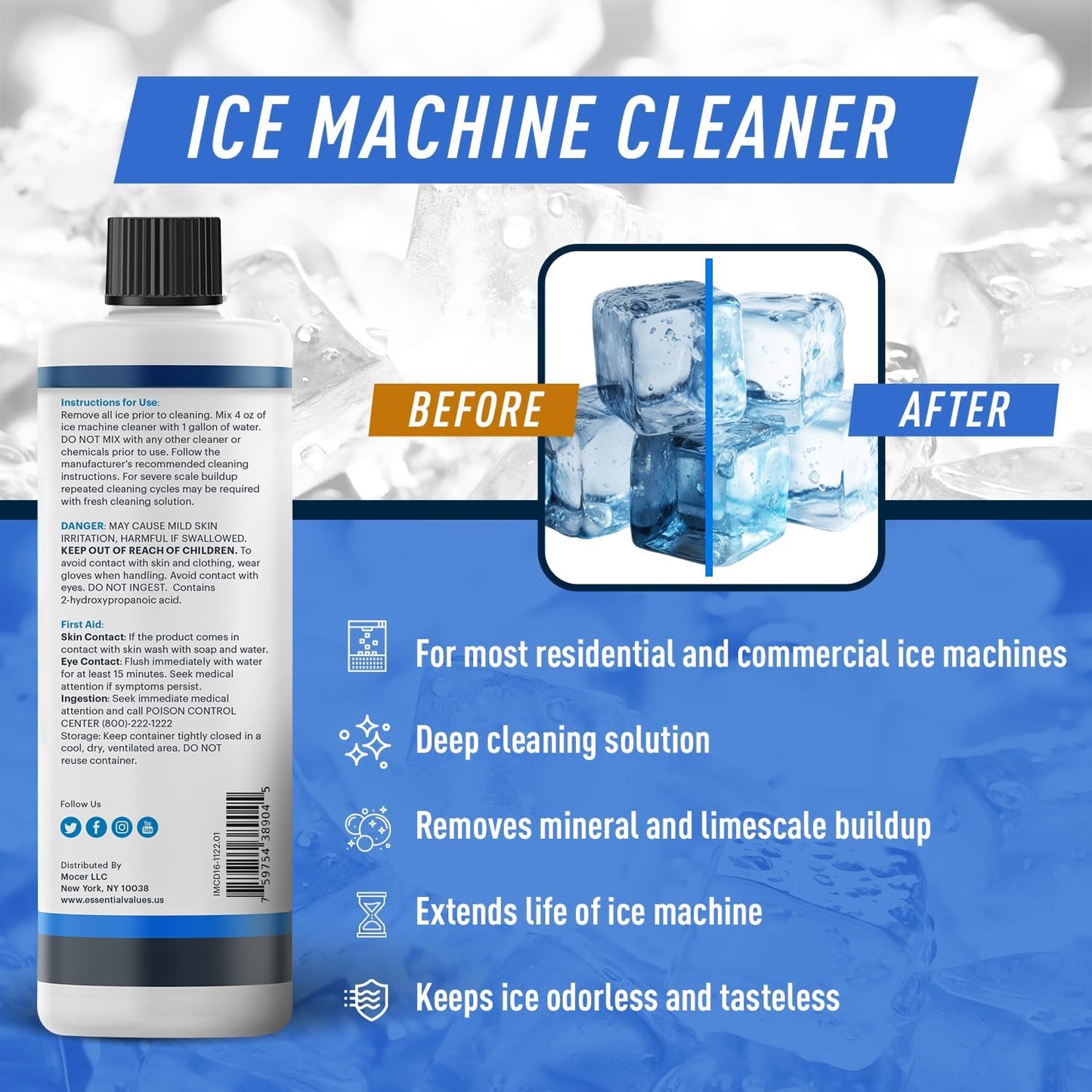 Essential Values 2-Pack Ice Machine Cleaner and Descaler 16 fl oz, Nickel Safe Descaler - Ice Maker Cleaner Compatible with All Major Brands (Scotsman, KitchenAid) - Manufactured in USA