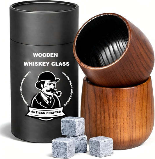 2 Pack Charred Wooden Whiskey Glasses – Bourbon Tumblers for Men with Burnt Interior – Old Fashioned Cocktail Cups – Gifts for Men, Husband, Dad, Boy Friend, Brother, or Whiskey Lovers