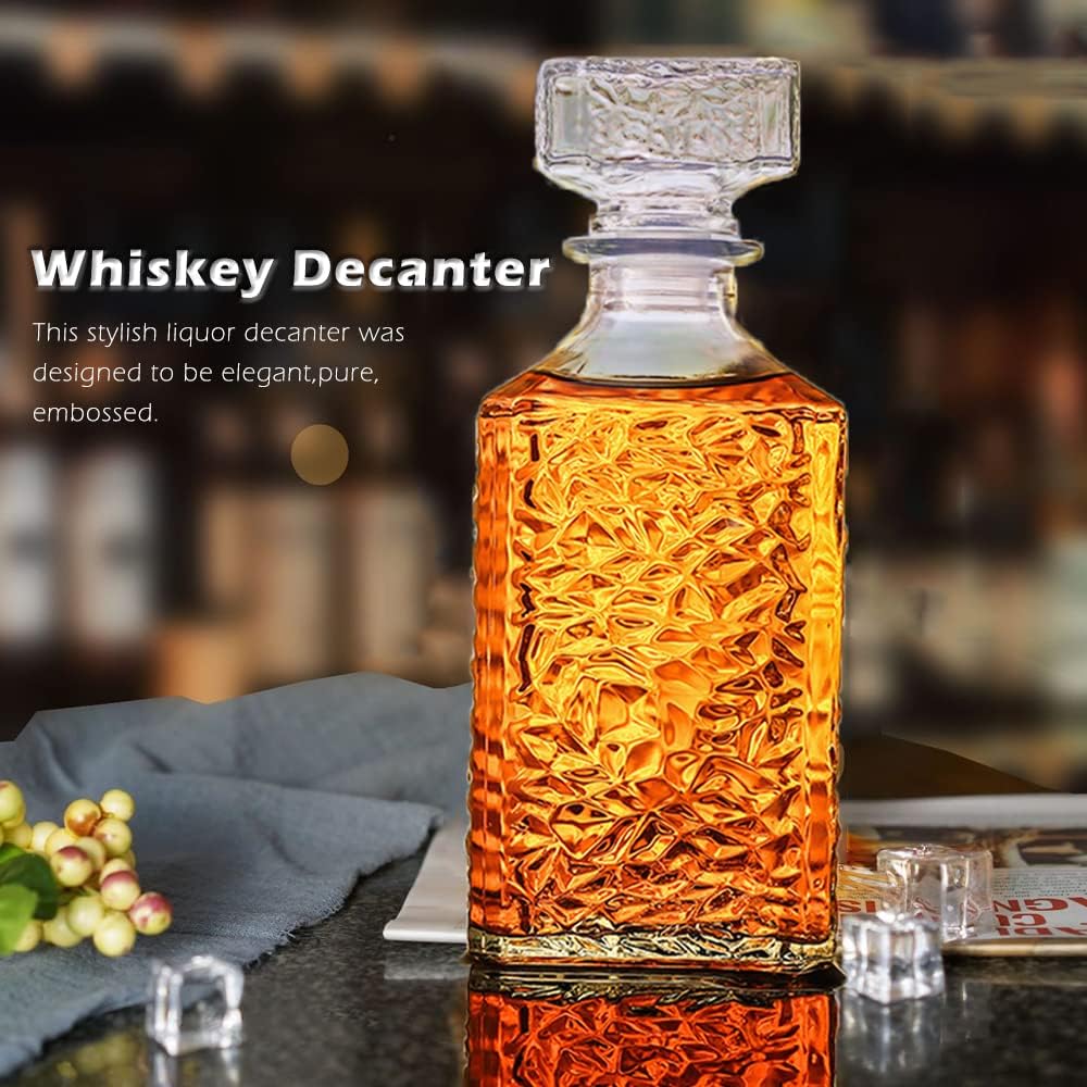 Whiskey Decanter with Airtight Geometric Stopper,32oz Liquor Decanter,Glass Decanter,Diaphanous Liquor Bottle,Decanter with Airtight Lid for Whiskey,Vodka,Bourbon,Scotch,Brandy,Wine