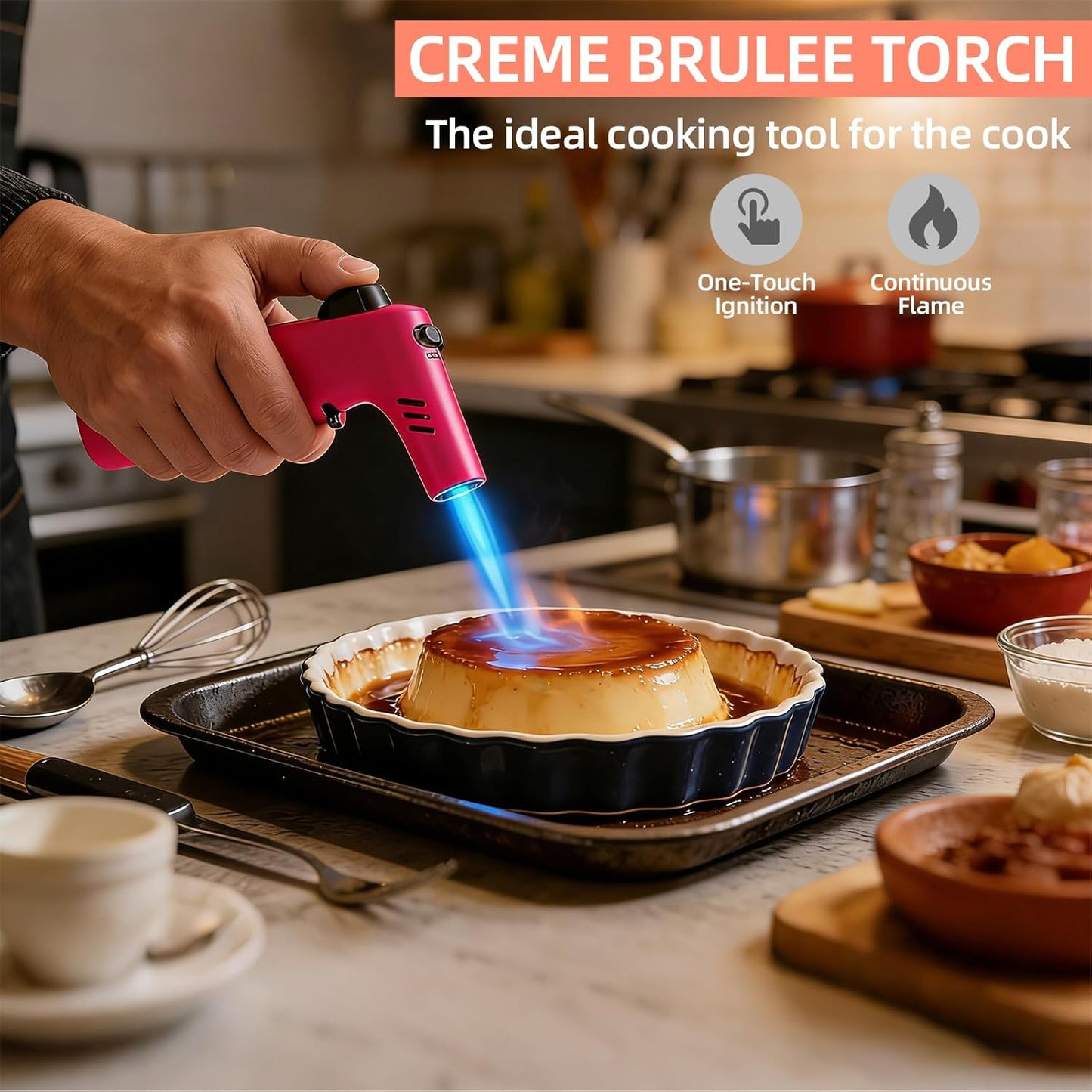 Butane Torch,Refillable Blow Torch for Cooking,Adjustable Flame Creme Brulee Torch,Safety Lock for Cooking,Butane Gas not Included (PINK)