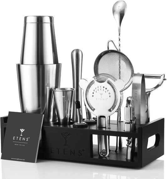 ETENS Cocktail Shaker Set Drink Mixer Bar Accessories – 15Pcs Mixology Bartender Kit Includes Boston Shaker, Japanese Jigger, Strainer, Bottle Opener, Cocktail Mixing Spoon – Handcrafted Wood Stand