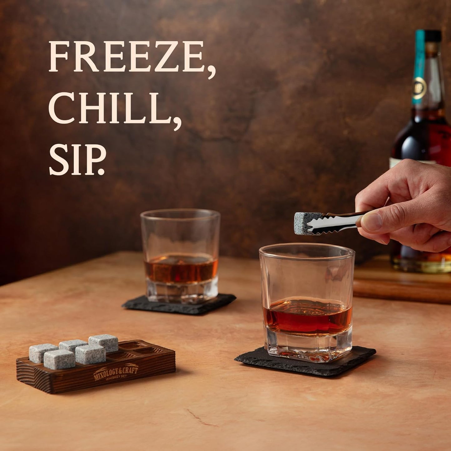 Mixology & Craft Whiskey Stones Gift Set – Includes Two 10oz Crystal Whiskey Glasses, 8 Granite Chilling Rocks, Slate Coasters, Metal Tongs, Cocktail Recipe Cards, Elegant Wooden Storage Box