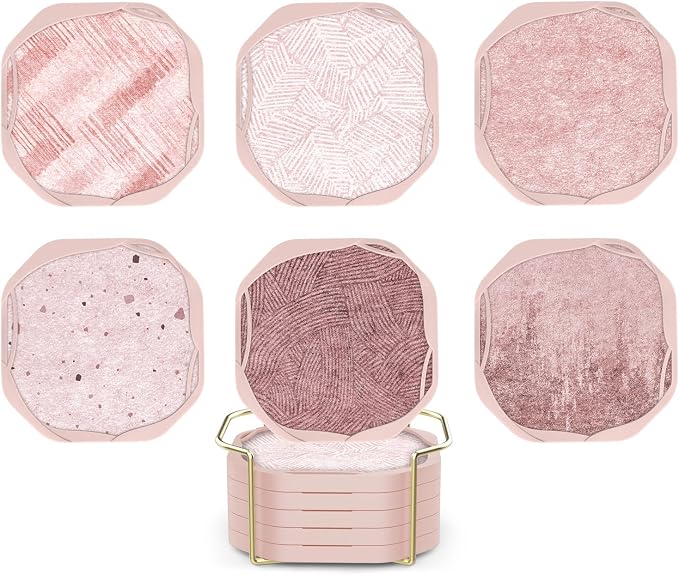 UMIRRO Absorbent Felt & Silicone Coasters Set of 6 with Holder, Blue Coast - 04. Pink Tone
