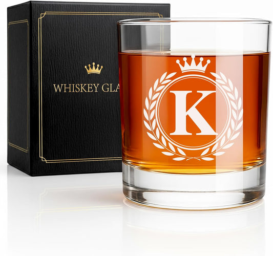 Personalized Whiskey Glasses Gifts for Men, Rocks Old Fashioned Glass, Monogrammed A-Z 10.3 oz Whisky Glasses, Fathers Day Birthday Gift for Him Dad Father Husband Brother Son (K)