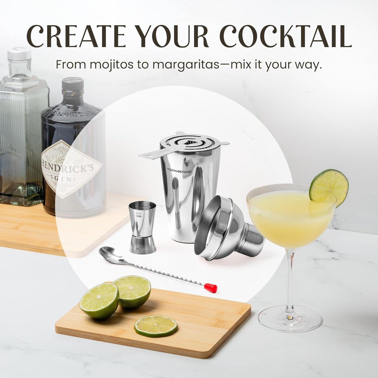Modern Mixology Cocktail Shaker Set - Bartender Kit with Pine Stand | Leak-Proof Design | Includes Martini Shaker, Jigger, Strainer, Spoon, Tongs | Perfect Bar Tools Gift for Home Mixology (Silver)