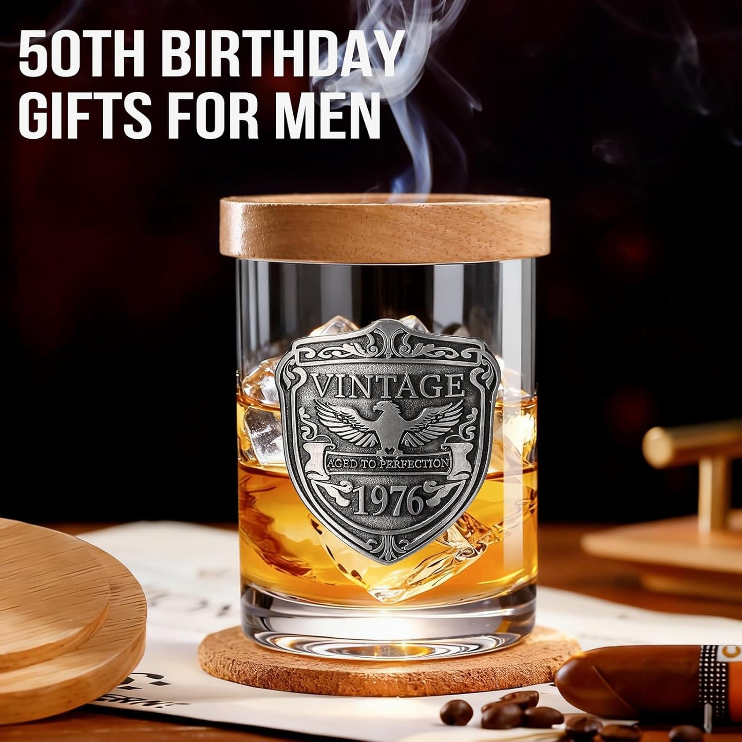 JOVGANK 50th Birthday Gifts for Men, Vintage 1976 Whiskey Glass Set for Whiskey Lovers, Anniversary Old Fashioned Rocks Glass Tumbler 13Oz- Bday Gifts Ideas for Him, Dad, Husband, Father's Day Gift