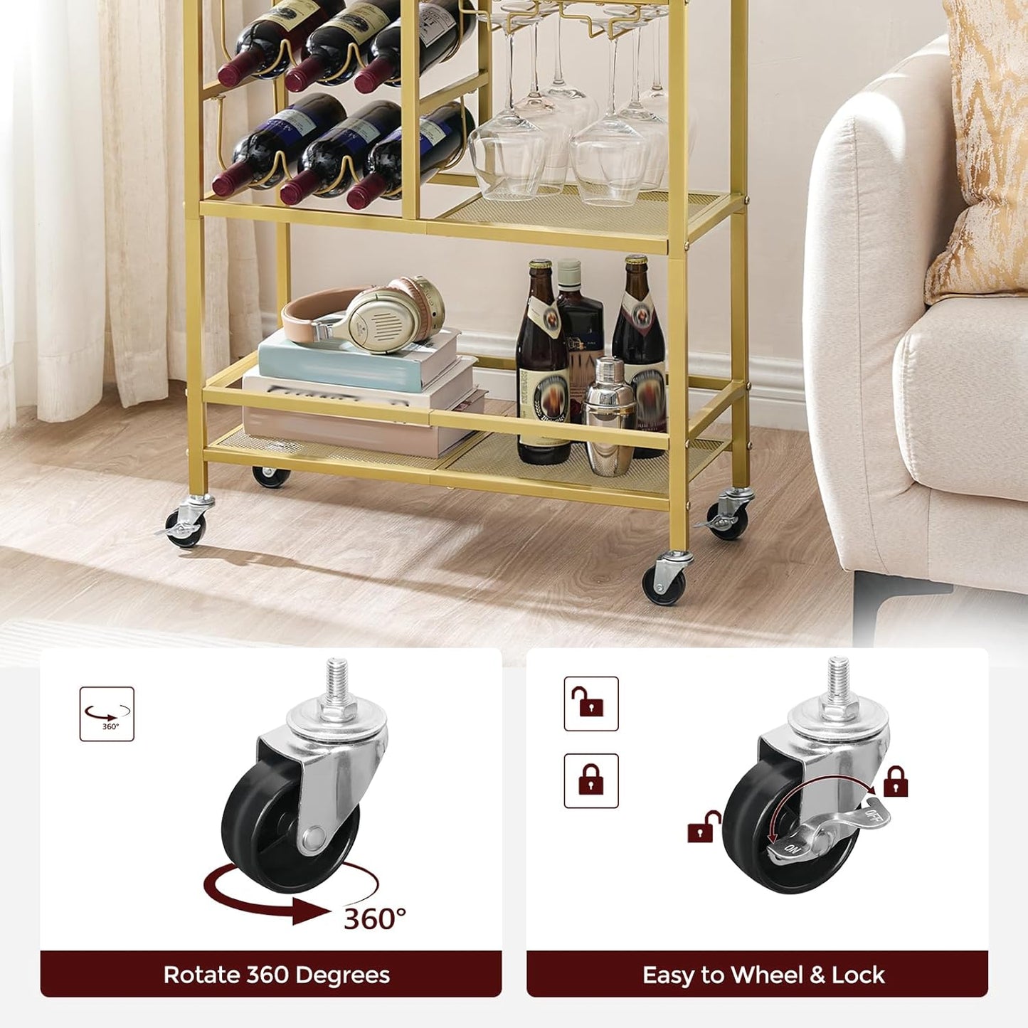 MAHANCRIS Bar Cart for Home, 3-Tier Serving Cart with Wheels and Handle, Beverage Cart with Wine Rack and Glass Holders, Rolling Wine Cart for Kitchen, Dining Room, Gold and White RCJM6101