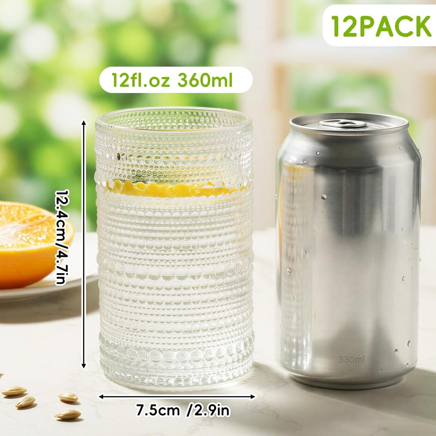 Moretoes Drinking Glasses Set of 12,12 Oz Hobnail Highball Glasses Clear Embossed Boho Water Glass Cups Kitchen Bar Tumbler Glassware Set for Whiskey, Beer, Juice, Milk and Various Mixed Drinks