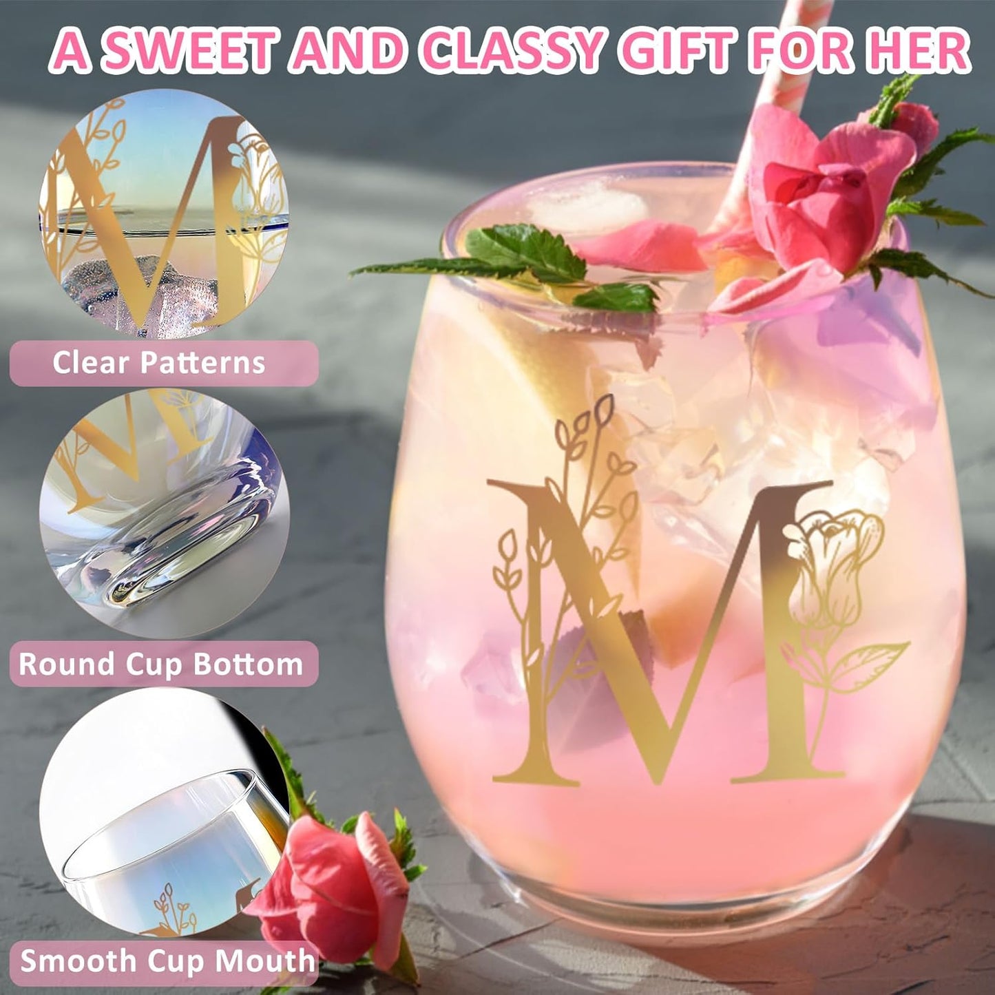 Personalized Birthday Gifts for Women Monogrammed Stemless Wine Glasses Unique Friendship Initial Gifts Christmas Gift for Women Mom Sister Her Wife Friends Customized Bridesmaid Bride Wedding Gift