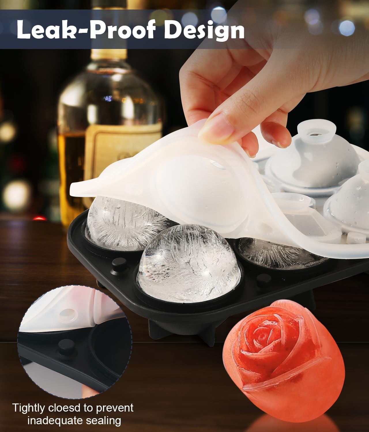 2Pack Silicone Square and Round Ice Cube Trays for Freezer - Sphere, Rose, Diamond Ice Molds for Whiskey, Cocktails & DIY, Black