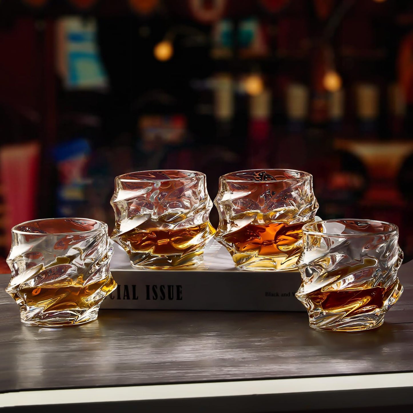 GLASKEY 12 oz Storm Japanese Whiskey Glasses Set of 4, Unique Cognac Glass, Heavy Thick Bottom Bar Glass for Scotch Bourbon Rum Gin Water Cocktail,Gifts Men Gifts Ideas