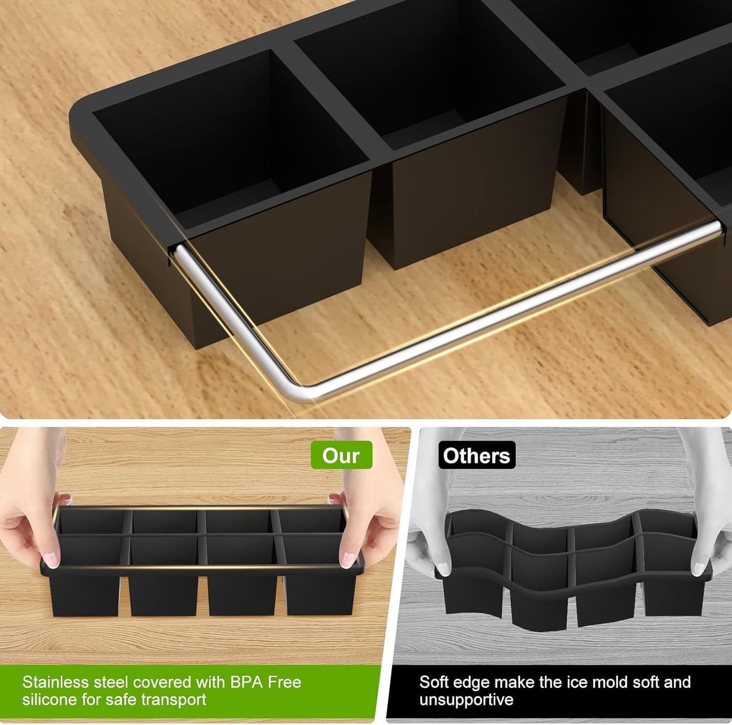 Samuelworld Large Silicone Ice Cube Tray Molds, 2-Pack, Big 2 Inch Cubes - Food Grade, Flexible, 8 Cavity Easy Release Slow Melting Ice for Whiskey, Cocktails, Gifts & Christmas - Black
