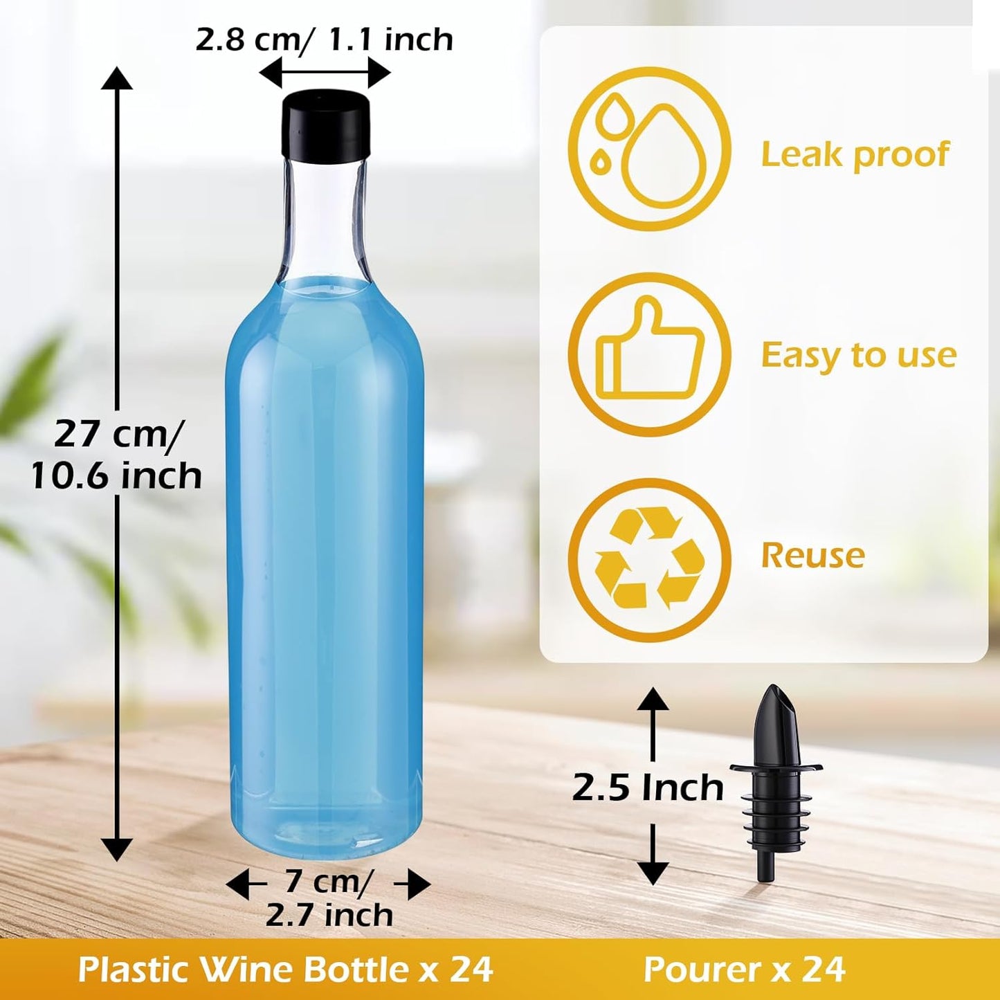 Yinder 24 Pcs Long Neck Plastic Bottles with Pourer 25 oz Empty Clear Wine Liquor Bottles Pour with 24 Pourers for Home Party Bar Kitchen (Black Pourers)