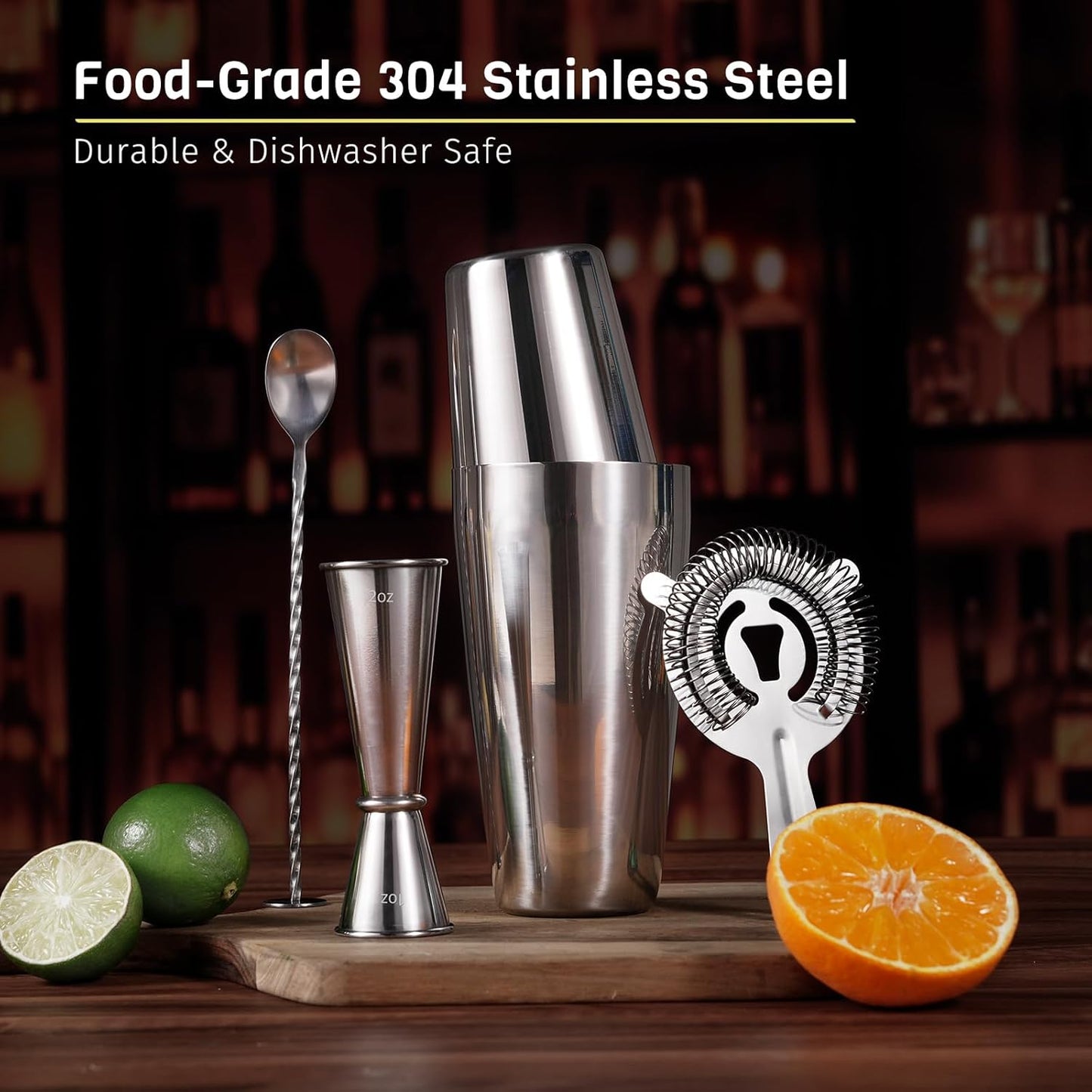 Boston Cocktail Shaker Set, 4-Piece Bar Tools Set, Professional Bar Set with Boston Shaker, Bar Spoon, Jigger, Hawthorne Strainer, Stainless Steel, Dishwasher Safe, Ideal Bartender Kit for Bar