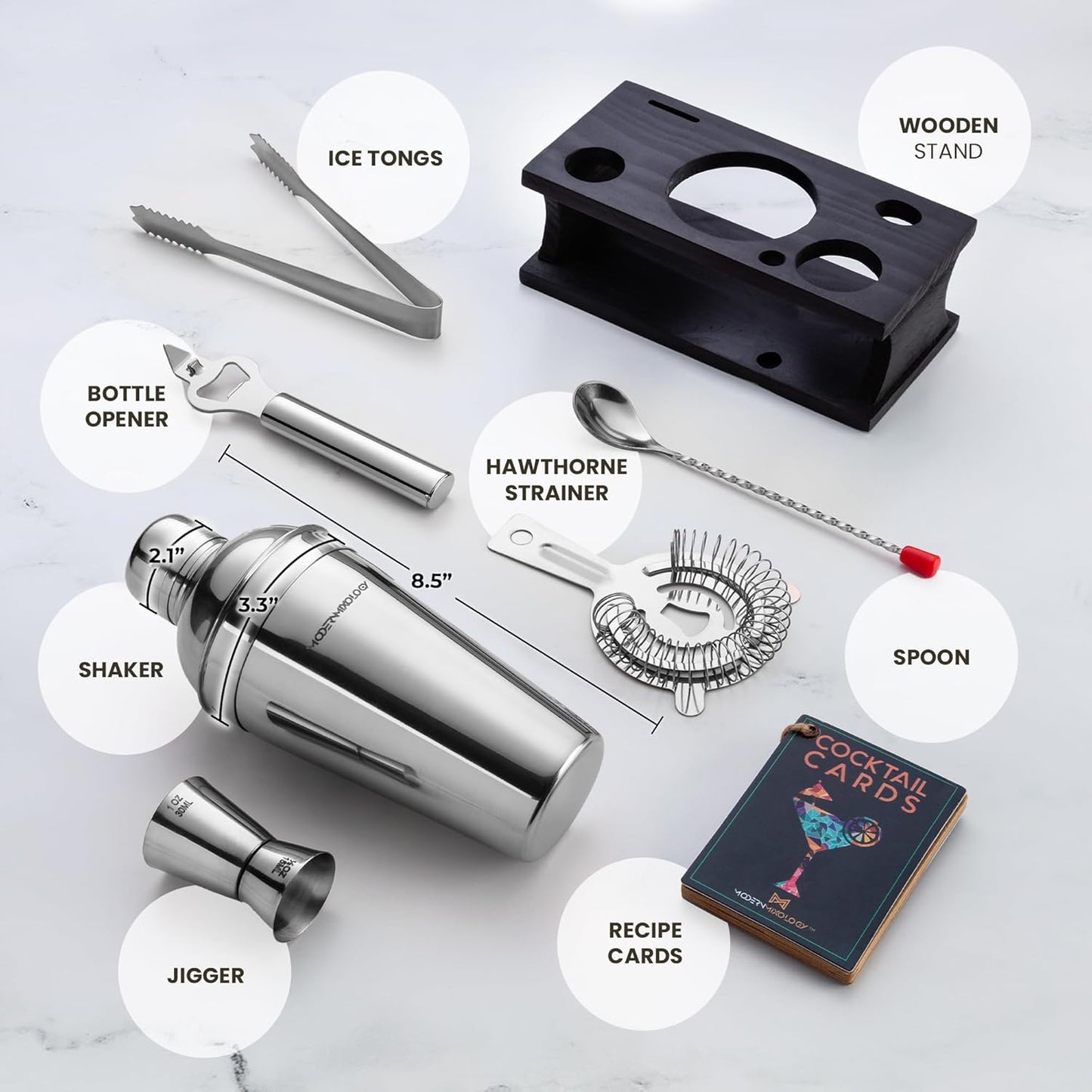 Modern Mixology Cocktail Shaker Set - Bartender Kit with Pine Stand | Leak-Proof Design | Includes Martini Shaker, Jigger, Strainer, Spoon, Tongs | Perfect Bar Tools Gift for Home Mixology (Silver)